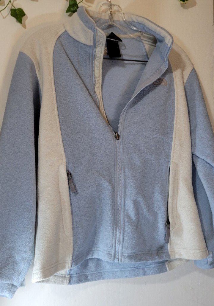 The North Face Women's Large Light Blue White Full Zip Fleece Sweater Jacket