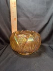 Vintage Fenton Carnival Glass Rose Candle Bowl Amber Iridescent Yellow