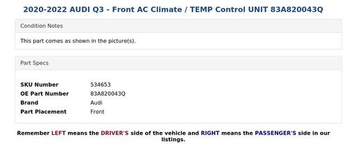 2020-2022 AUDI Q3 - Front AC Climate / TEMP Control UNIT 83A820043Q - Picture 5 of 6