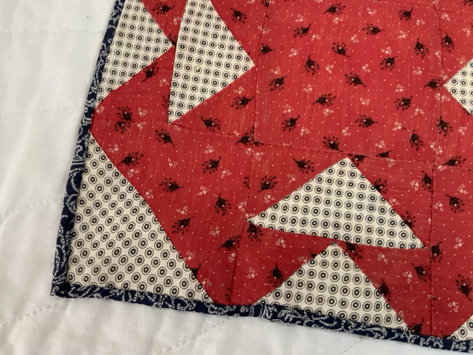 Antique Patchwork Quilt Table Topper, Early Calicos, Florals, T’s, Red, White - Image 3 of 4