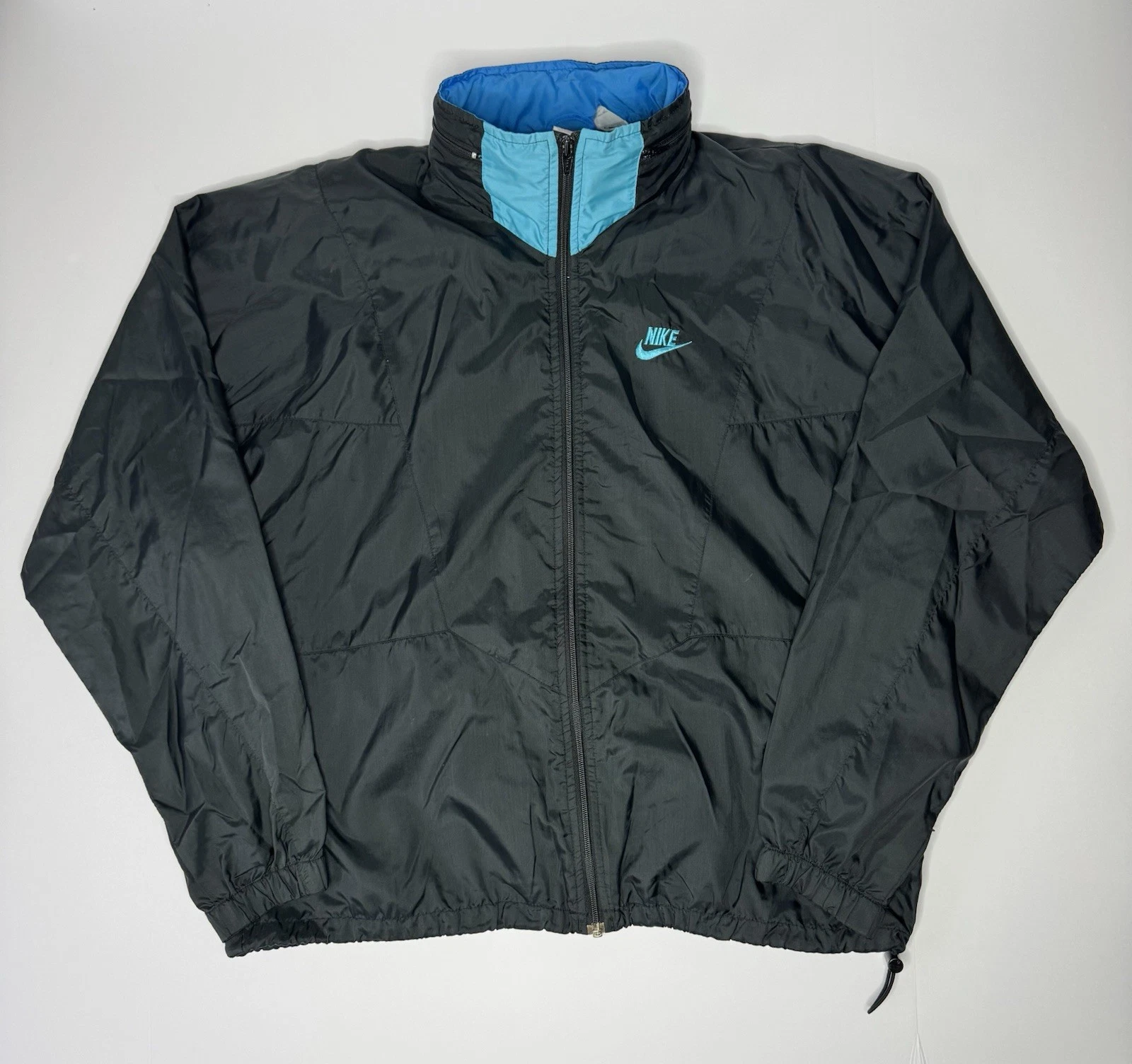 Vintage Nike Windbreaker Jacket Black Blue Swoosh Full Zip Hooded Men’s L