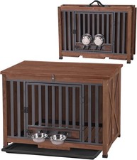Folding Dog Crate Furniture, Wooden End Table w 360 Rotatable Removable bowls
