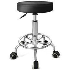 PU Leather Rolling Stool with Foot Rest Round Height Adjustment Swivel Black
