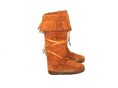 Steger Mukluks Size 7 Kdnut Brown Moose Hide Suede Boots Tall Fringe USA Made