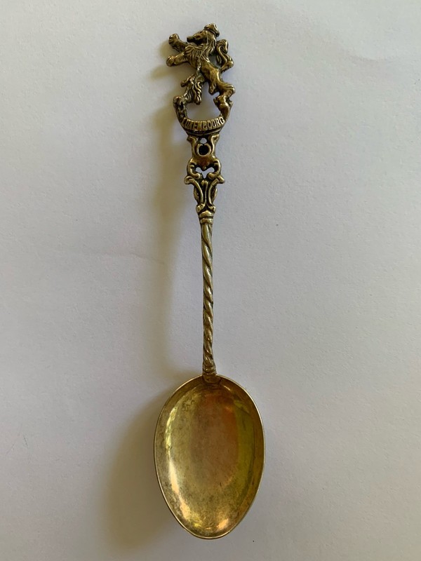 VTG Luxembourg Demitasse Souvenir Spoon Gold Wash, Lion, Twisted 4”