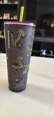 Starbucks Floral Plastic Tumbler Brown Yellow Purple With Lid and Straw