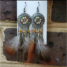 Medallion dreamcatcher boho beaded feather earrings