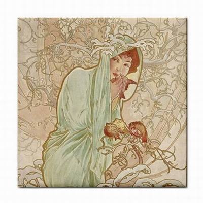 BEAUTIFUL ALPHONSE MUCHA SPRING DESIGN TILE TEAPOT PLANT STAND COASTER