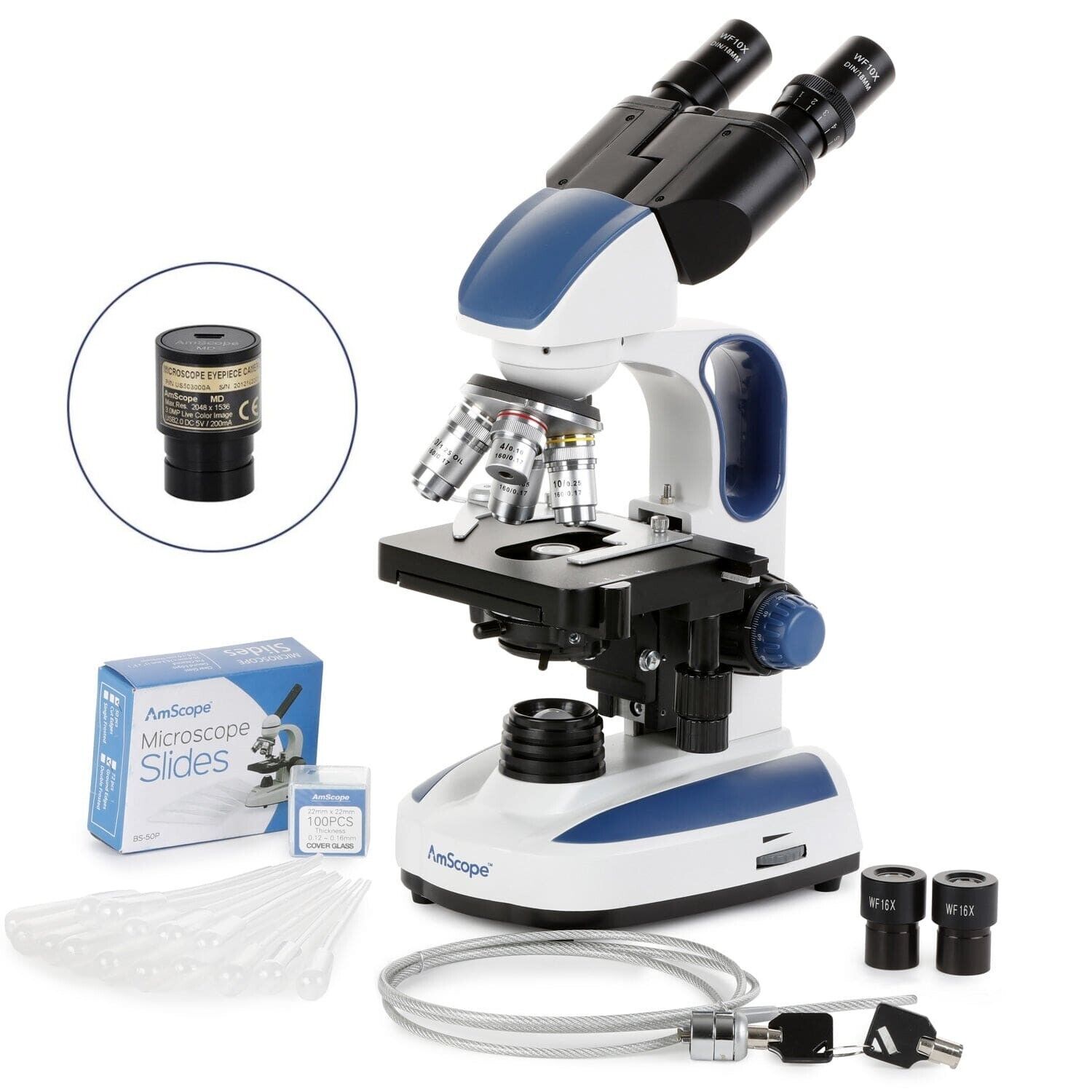 Amscope 40X-2500X Advanced Compound Microscope Ergonomic Design +Eyepiece  Camera