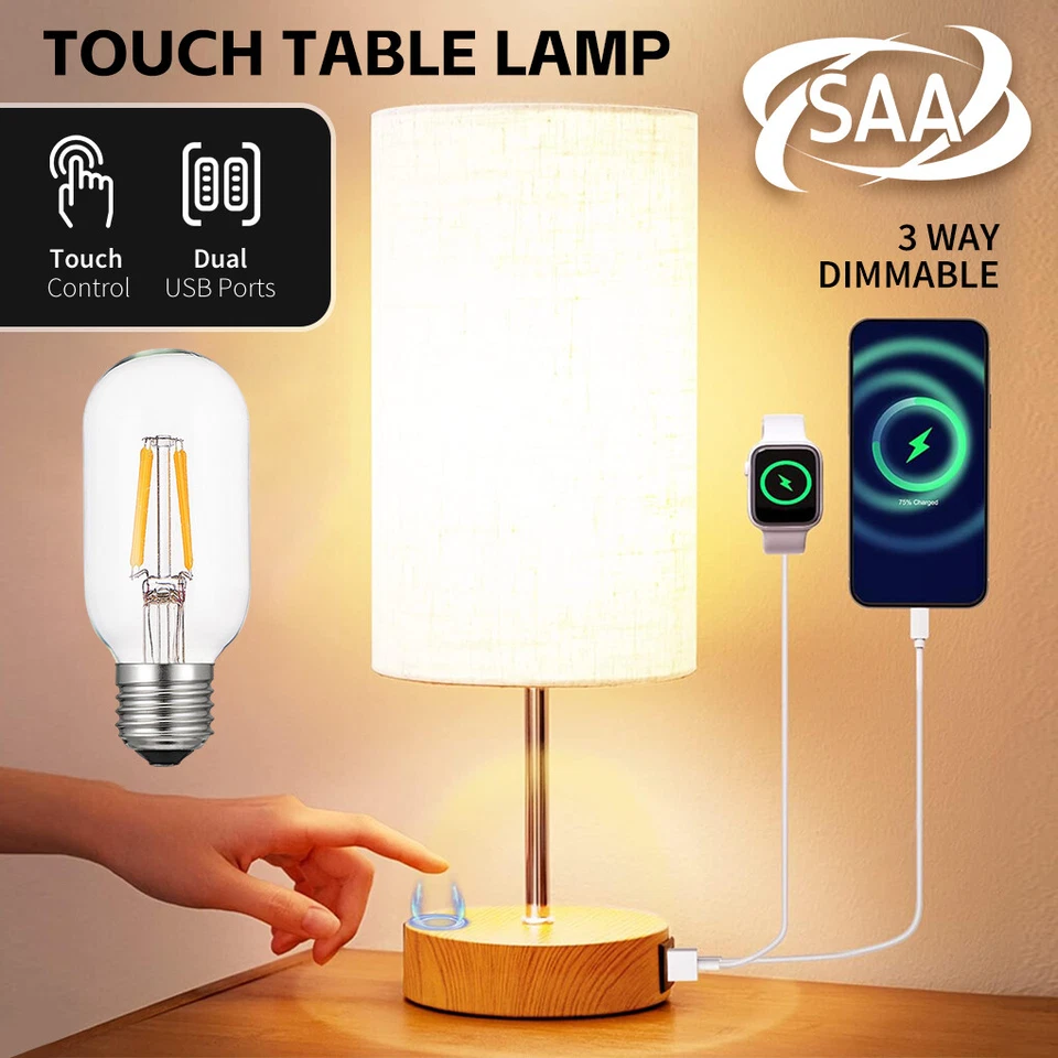 3-Way Bedside Lamp Touch Control Table Lamp with USB Charging Ports Dimmable - image 2 of 4