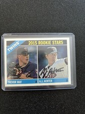 TREVOR MAY & A.J. ACHTER SIGNED IP 2015 TOPPS HERITAGE #264 MINNESOTA TWINS AUTO