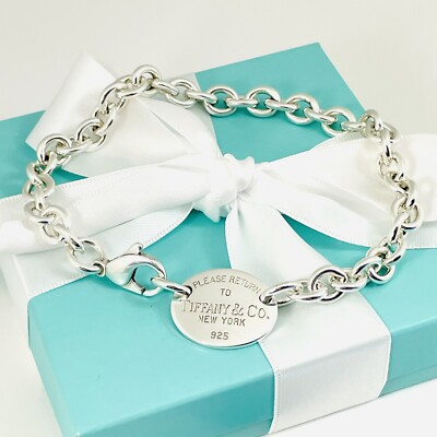 Large 10” Please Return To Tiffany Oval Tag Charm Bracelet Mens