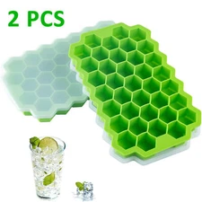 2x Silicone Ice Cube Trays Honeycomb 74-Ice Cube Molds with Lid Reusable Storage