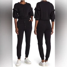 Something Navy Women Jumpsuit Medium Esmeralda Ruffle Colorful Half Puff Sleeve