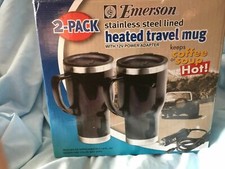 Emerson Stainless Steel 2-Pack Heated Travel Mug Set w/ Adapters  NEW A368 jv