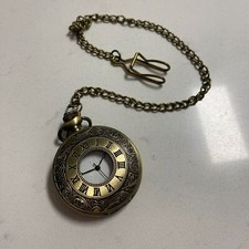 Vintage Bronze Tone Pocket Watch Pendant Necklace Round Quartz with Chain