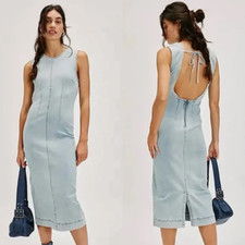 NEW FREE PEOPLE TELL ME ABOUT IT OPEN BACK DENIM MIDI DRESS SZ 6