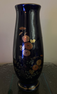 Vintage Cobalt Blue Asian Hand Painted Flower Vase with Gold Trim