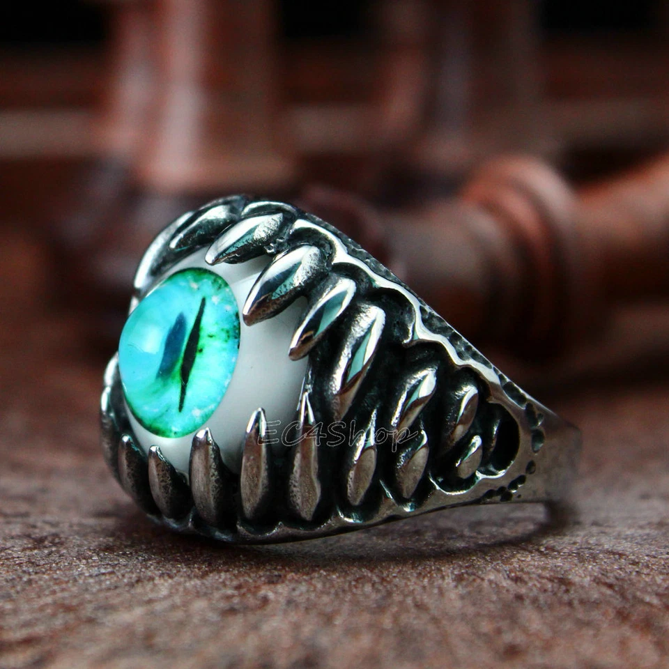 Anillo Retro Para Hombre Turquesa Mal de Ojo Motociclista Garra Dientes de Dragón Acero Inoxidable Foto 4 de 4