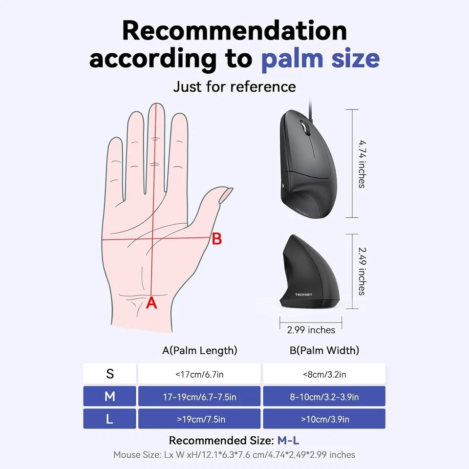 TECKNET Wired Ergonomic Mouse 6400DPI Wired Vertical 6-Button Silent 4 Levels UK - Image 3 of 4