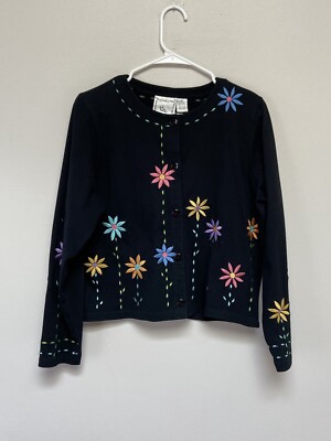 Michael Simon Womens Embroidered Black Cardigan Flowers Medium