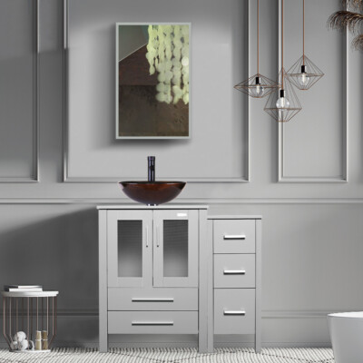 36'' Bathroom Vanity W/Glass Vessel Sink Set Faucet Cabinet Gray Combo No Mirror