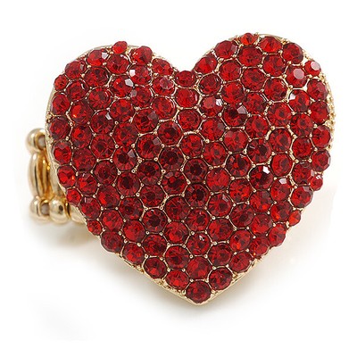 Vergoldeter roter kristallpflasterter ''''Be Mine'''' herzförmiger Cocktail-Stretchring -