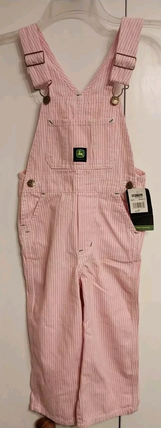 JOHN DEERE Girls Size 4T Bib Overalls Pink White Pinstriped Pockets NEW