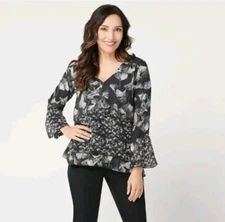 H by Halston Printed V-Neck Double Layer Flounce Top Black,Reg 14 A350236
