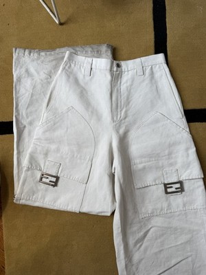 Fendi Women's White Cotton Linen Cargo Pants with Logo Buckle Accents