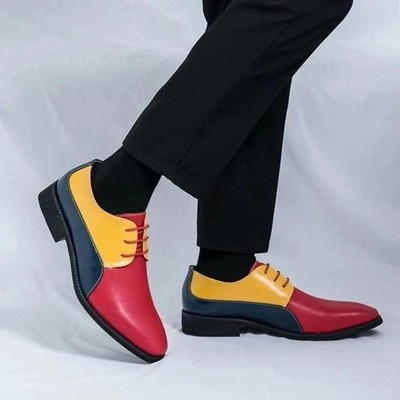 Handmade Three Tone Red, Yellow & Blue Leather Derby Lace up Dress Shoes For Men