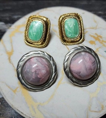 Vintage Green & Purple Marbled Dome Stud Earrings 2 Pair Lot Retro Jewelry
