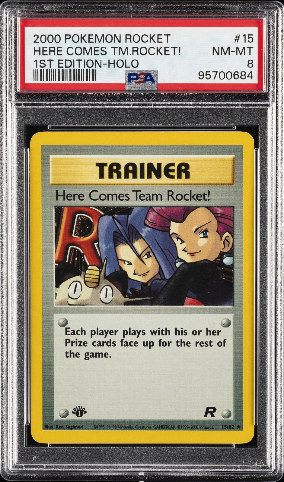 2000 POKEMON ROCKET 1ST EDITION #15 HERE COMES TEAM ROCKET!-HOLO PSA 8