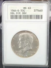 1964-D Kennedy Half Dollar ANACS Dbl Die Obv  MS63   Soapbox Holder