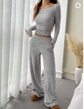 Women's Ribbed Two Piece Lounge Set Long Sleeve Crop Top Wide Leg Pants