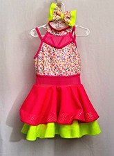Weissman dance costume IC 7 - Neon Yellow and Neon Pink with matching Hairbow