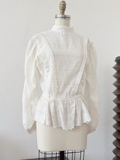 Antique 1910s Edwardian White Cotton Eyelet Blouse Hand Sewn Shell Button Peplum