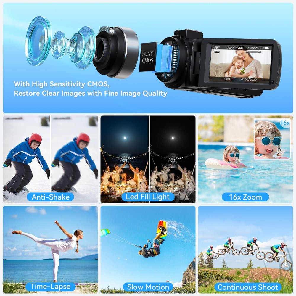 UHD 4K 48MP 30FPS Video Camera Camcorder WiFi Vlogging Camera 16X Digital Zoom