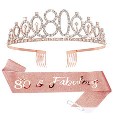 80th Birthday Crown  Sash  Pearl Pin Set, Elegant Gift for Women's 80th Birthd