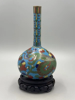 Antique 19th c. Chinese Qing Cloisonne Enamel Tianqiu Vase, Dragon Motif 7 1/4'' - Image 1 of 4