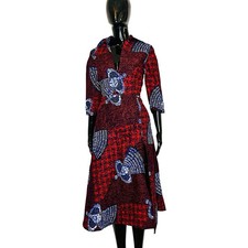 Red African Prints Women Midi Collar Shirt Dress  