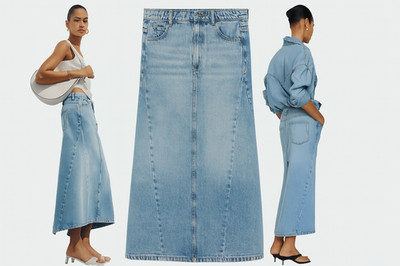 Mango MNG Midi Denim Skirt M High Rise Long Back Slit Cowboy Style Medium Blue