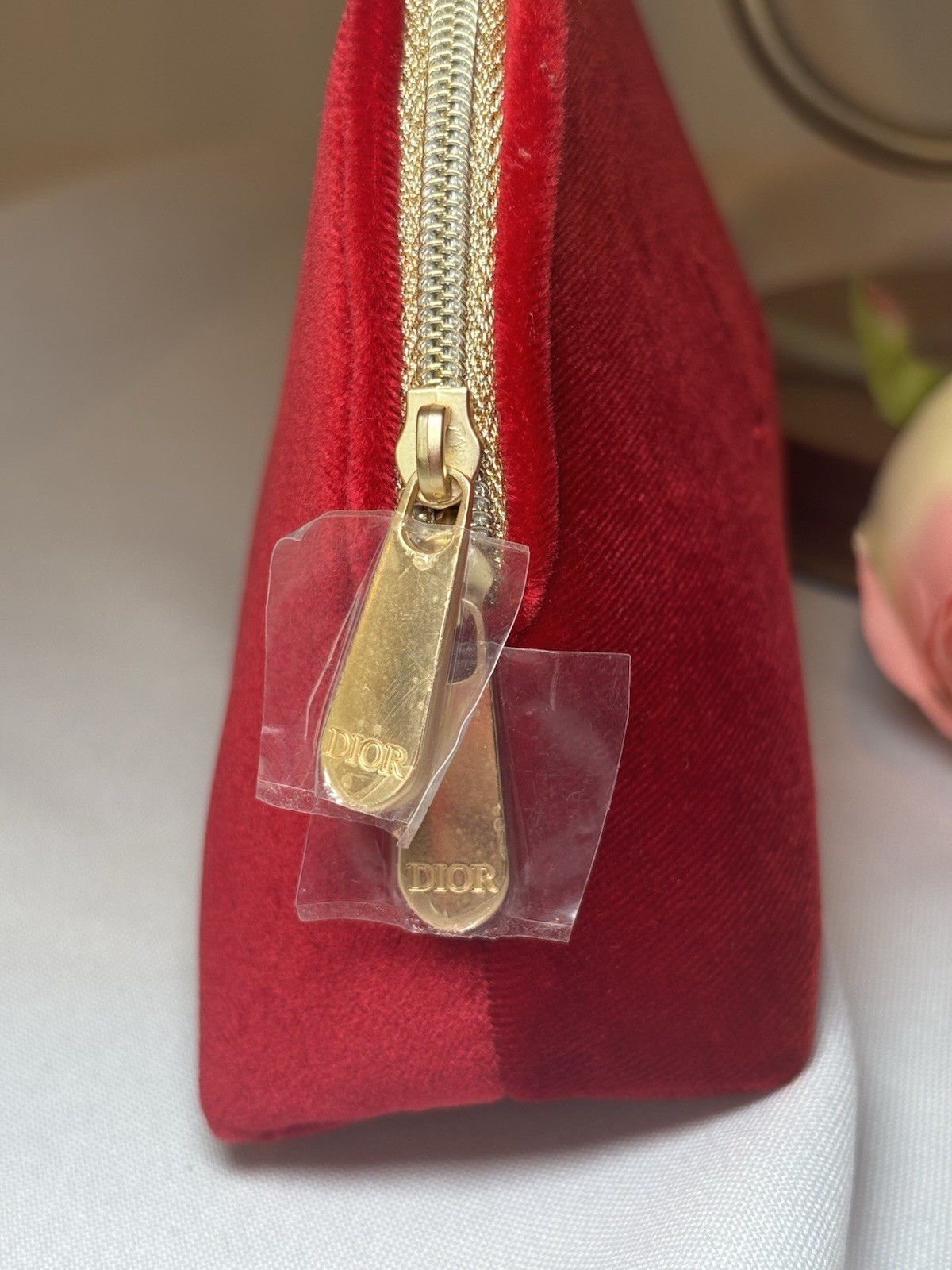 Dior Red Velvet Cosmetic Bag with Gold Zipper-image