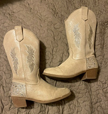 Women  s Beige Western Mid-Calf Pull-On Pointed Toe Rhinestone Canvas Boots US 13