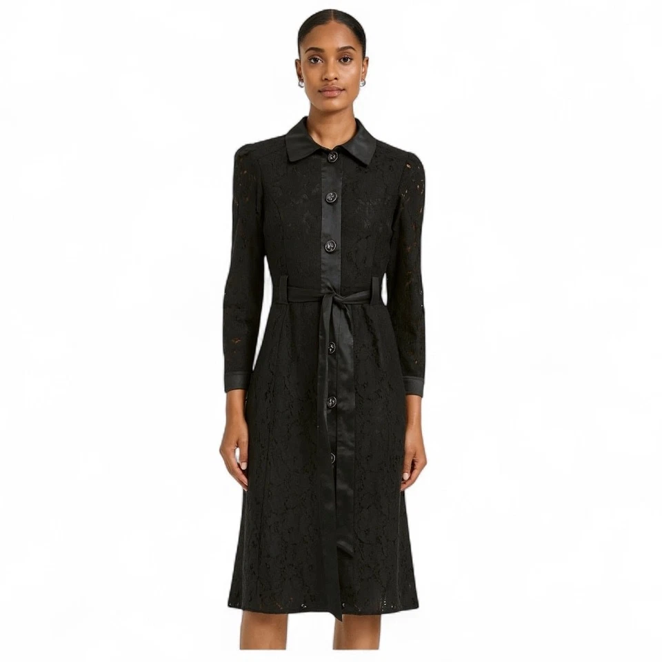 Dolce & Gabbana Black Lace Button Front Bilk Blend Belted Shirtdress 38 (US 2) - Image 2 of 4