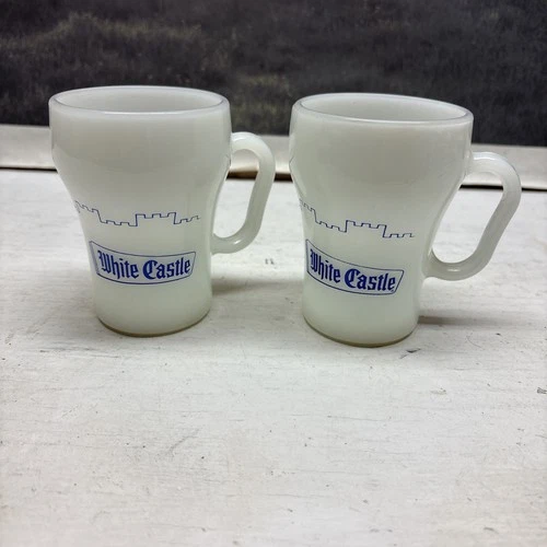 2 VINTAGE FIRE KING ANCHOR HOCKING MILK GLASS COFFEE MUG / CUP ~ WHITE CASTLE