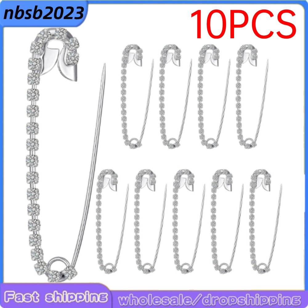 10PCS Silver Rhinestone Diamond Safety Pin Brooches 5.8x1.2cm Gift