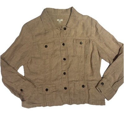 Vintage J. Jill 100% linen tan Beige Utility boxy front pockets Jacket Womens L