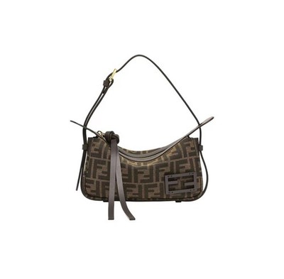 Fendi Simply FF Monogram Shoulder Bag Brown Canvas Leather Strap Gold Hardware