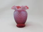 Vintage Fenton Cranberry Hobnail Opalescent Double Crimped Rim Vase  6" Tall